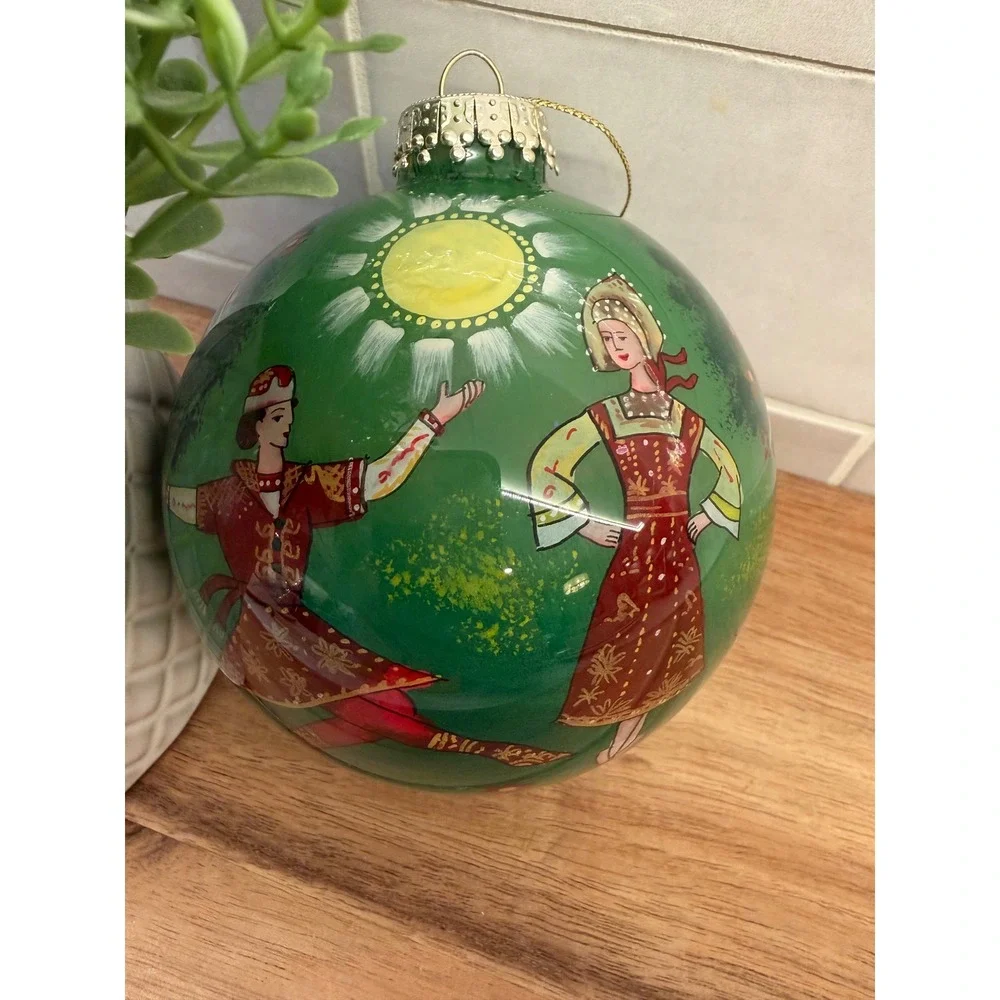 Vintage Li Bien Style Hand Painted Glass Ornament Russian Folk Dance Green 3